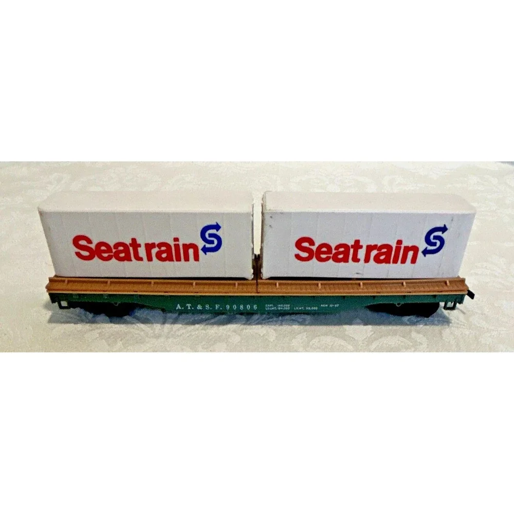 Vintage Tyco HO Scale Santa Fe AT&SF Flatcar with 2 Seatrain Containers 90806